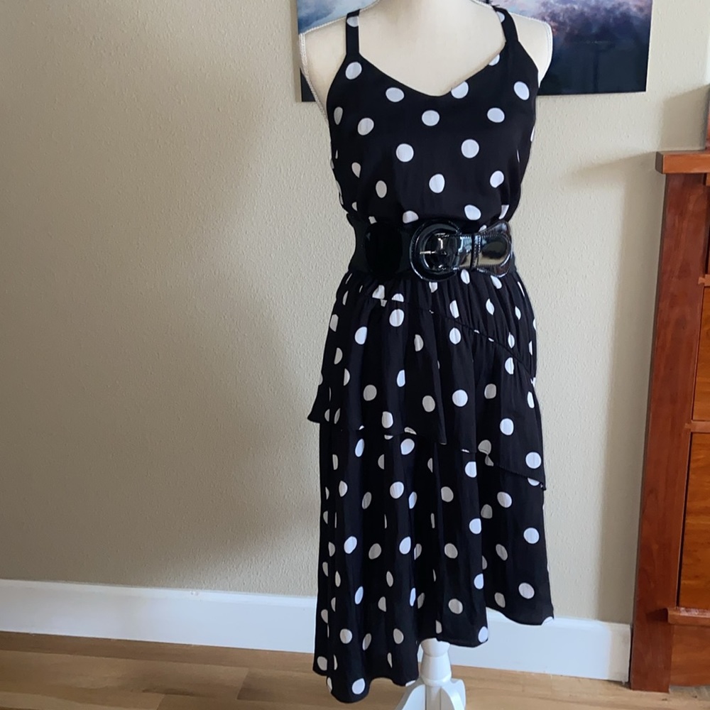 Retro Pinup Polka Dots Cocktail Dress Tiered Dotted Ruffles Asymmetrical Hem